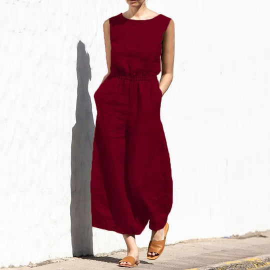 Naisten puuvilla pellava korkea vyötärö Jumpsuit