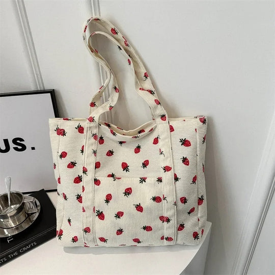 Naisten Corduroy Strawberry Print olkalaukku