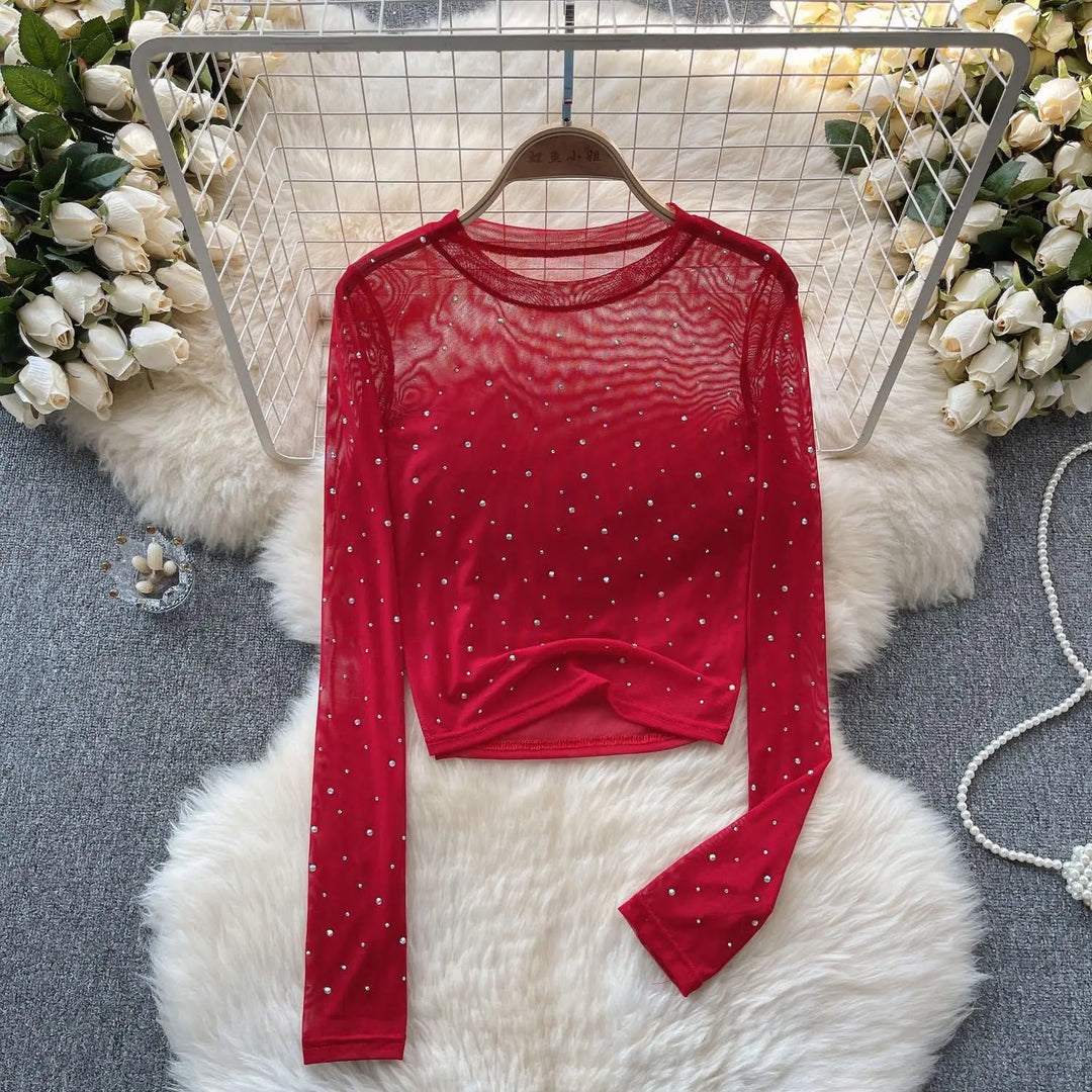 Naisten Rhinestone Mesh pitkähihainen crop-toppi