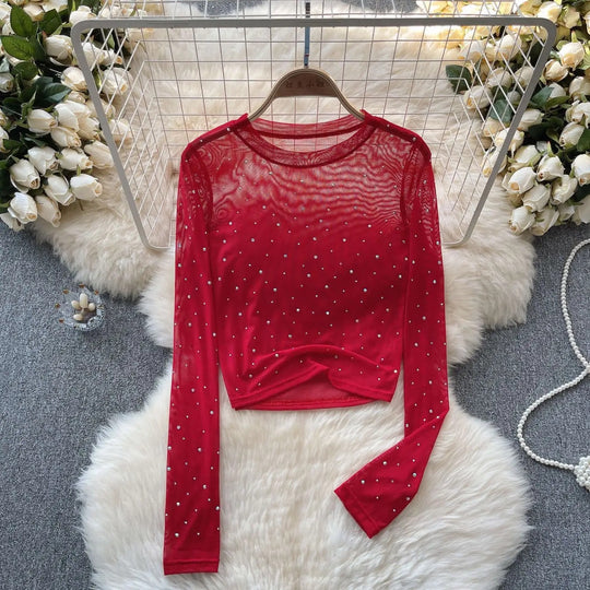 Naisten Rhinestone Mesh pitkähihainen crop-toppi