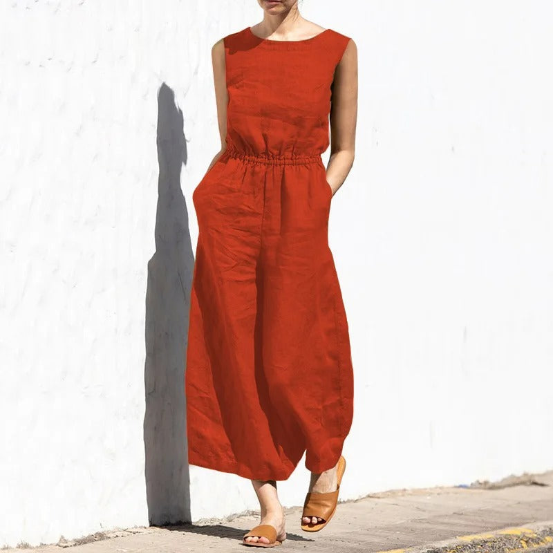 Naisten puuvilla pellava korkea vyötärö Jumpsuit