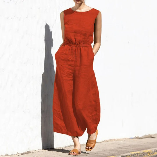 Naisten puuvilla pellava korkea vyötärö Jumpsuit
