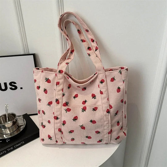 Naisten Corduroy Strawberry Print olkalaukku