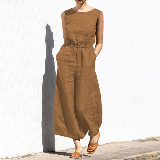 Naisten puuvilla pellava korkea vyötärö Jumpsuit