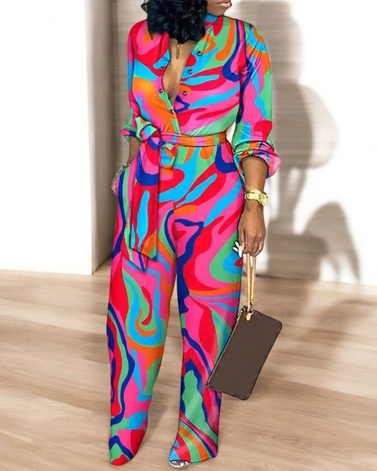 Muoti Tulostaa V-kaula Korkea Vyötärö Jumpsuit