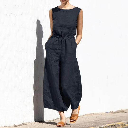 Naisten puuvilla pellava korkea vyötärö Jumpsuit