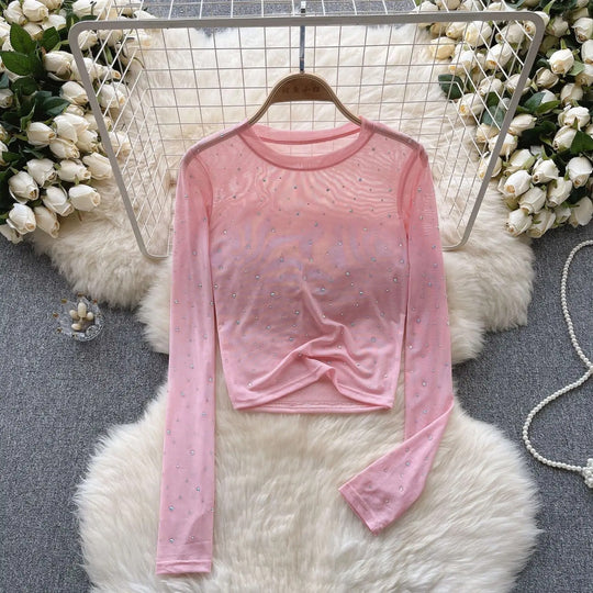 Naisten Rhinestone Mesh pitkähihainen crop-toppi