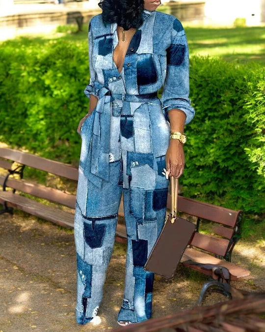 Muoti Tulostaa V-kaula Korkea Vyötärö Jumpsuit