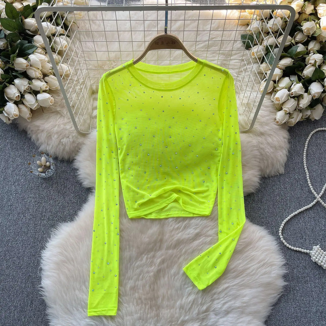 Naisten Rhinestone Mesh pitkähihainen crop-toppi