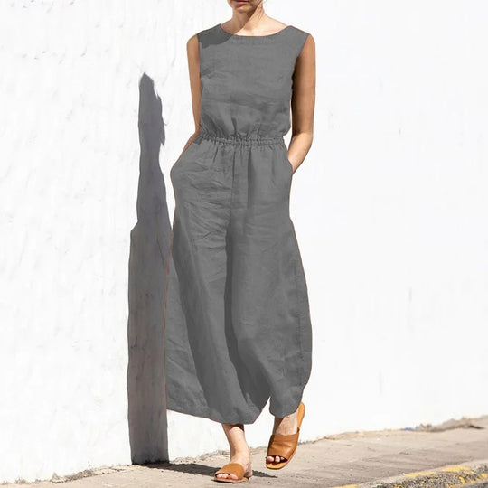 Naisten puuvilla pellava korkea vyötärö Jumpsuit