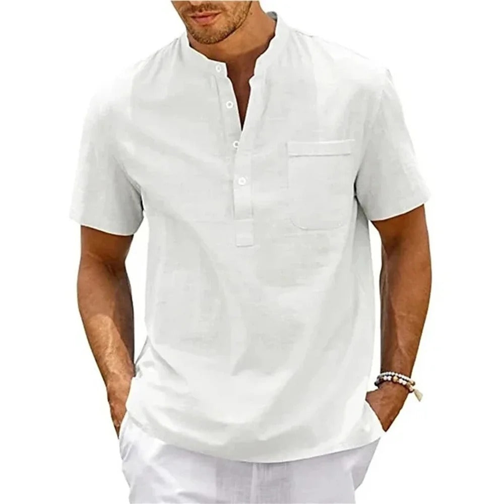 Miesten puuvilla-pellava Henley-paita