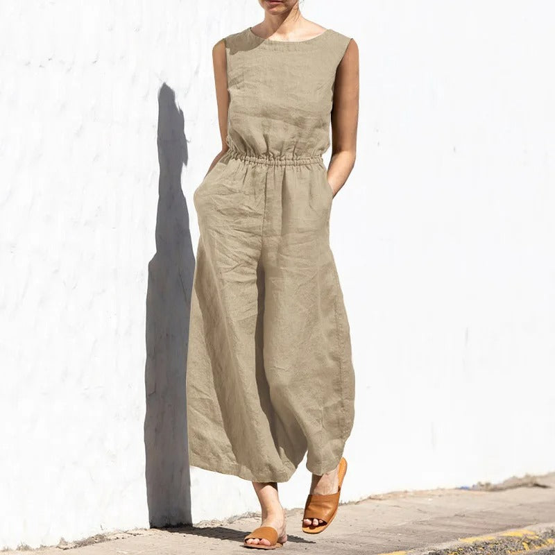 Naisten puuvilla pellava korkea vyötärö Jumpsuit