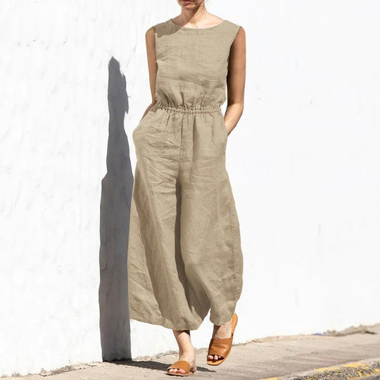 Naisten puuvilla pellava korkea vyötärö Jumpsuit