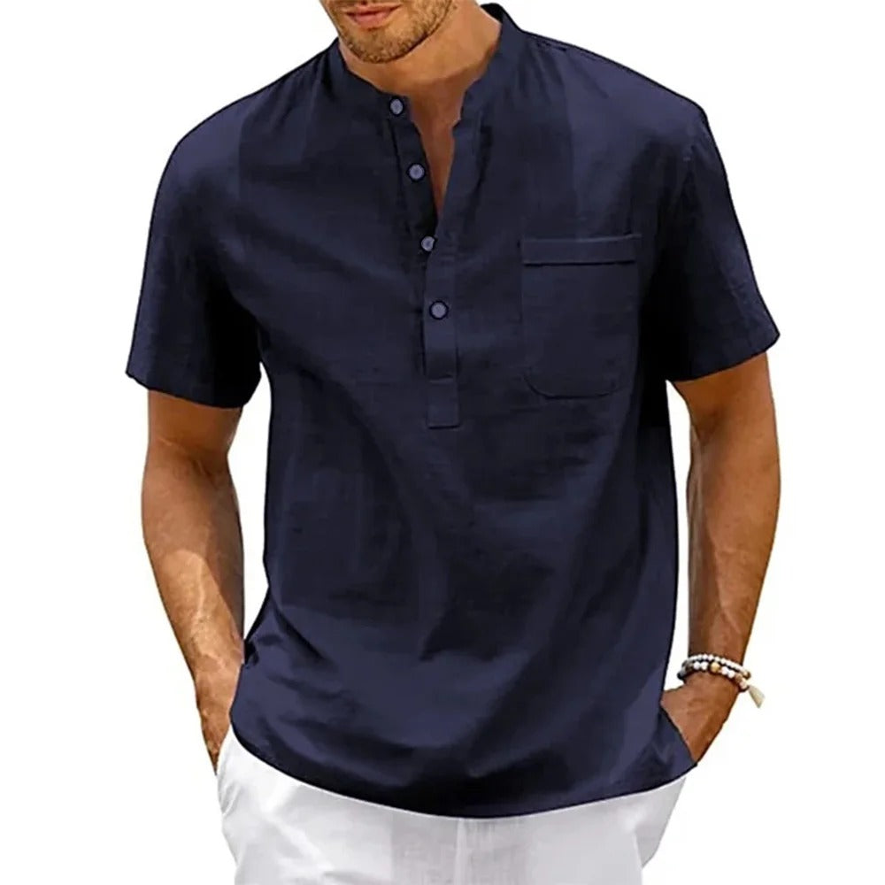 Miesten puuvilla-pellava Henley-paita