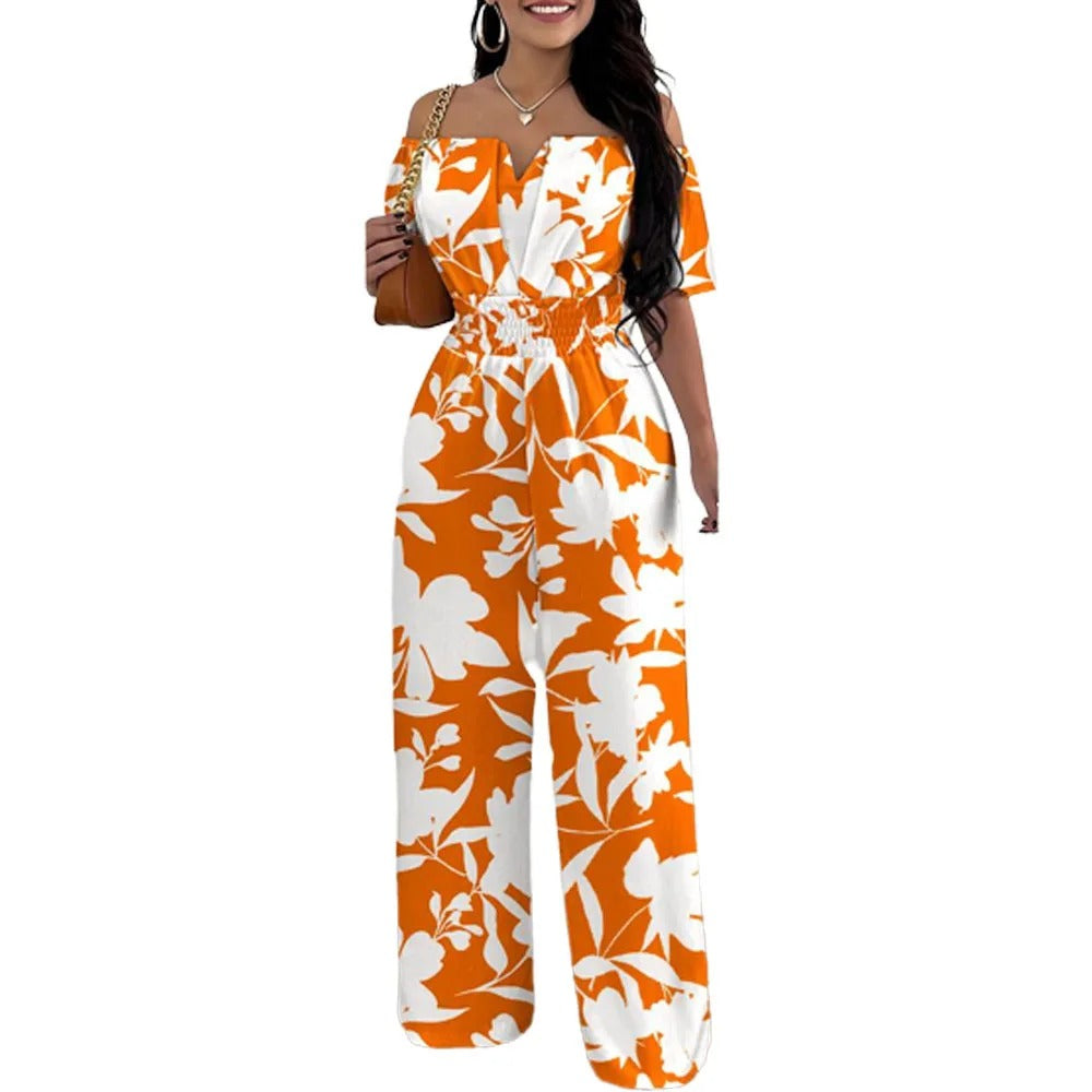 Muoti Tulosta Off-olkapää Smocked Vyötärö Jumpsuit